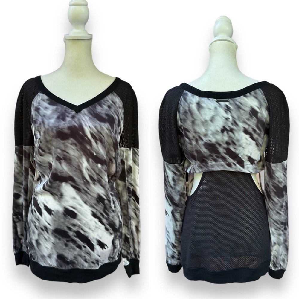 BLANC Noir Black & White Silk Tie-Dye Print Cutout Long Sleeve Workout Top | XS